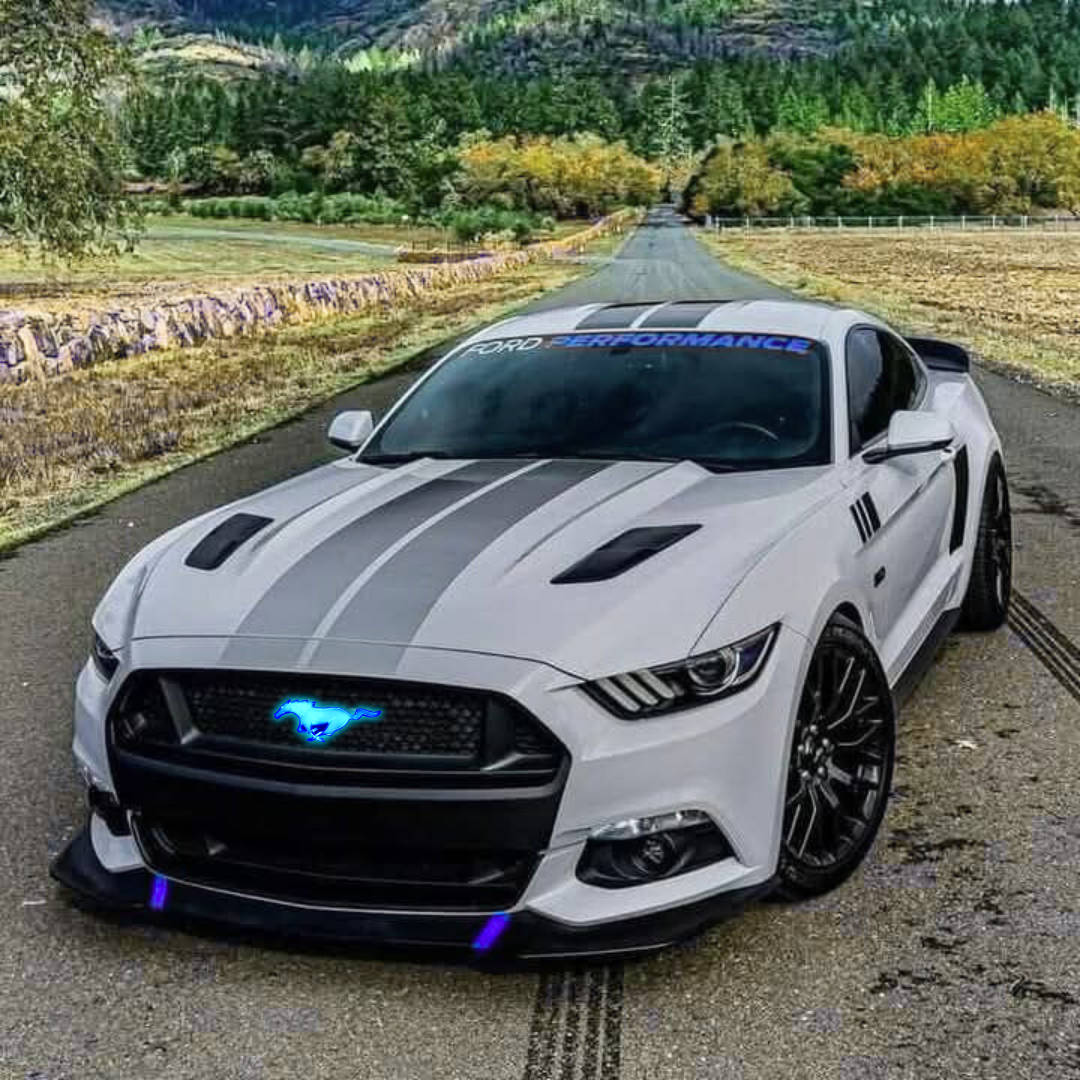 White Ford Mustang with black stripes on a road surrounded by greenery with a blue lluminated LED mustang Pony Logo grille emblem.
