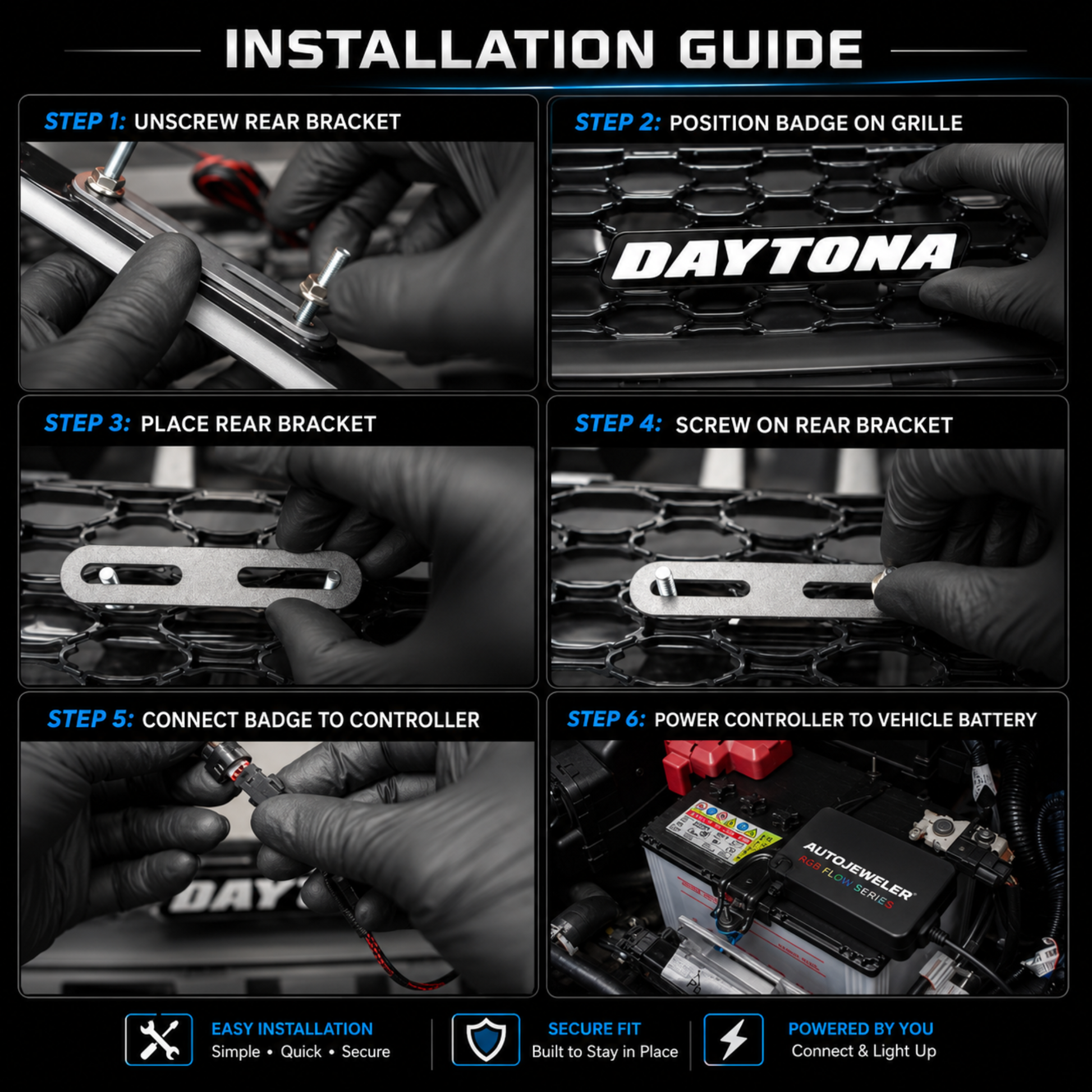 AutoJeweler Installation guide for a Flow Series LED Daytona badge on a vehicle grille with step-by-step instructions.