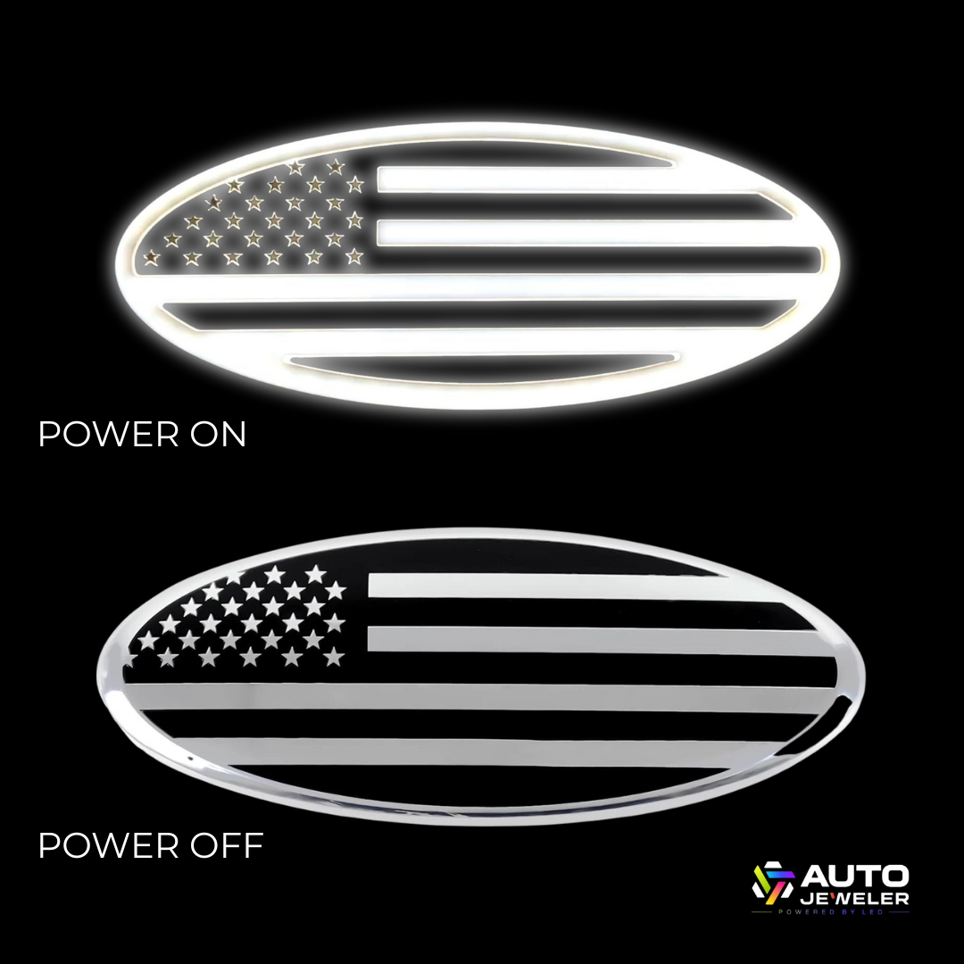 9” Chrome Oval Grille Emblem – White LED American Flag | Fits Most Ford Vehicles  Description: