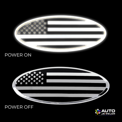 9” Chrome Oval Grille Emblem – White LED American Flag | Fits Most Ford Vehicles  Description: