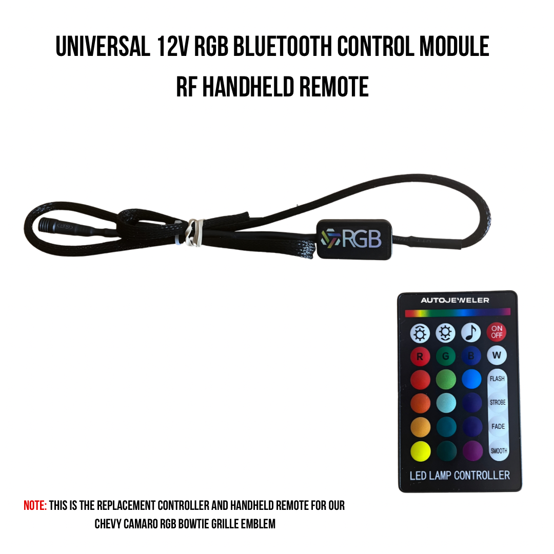 AutoJeweler 12V RGB Bluetooth control module and RF handheld remote for LED grille emblems and RGB lighting kits