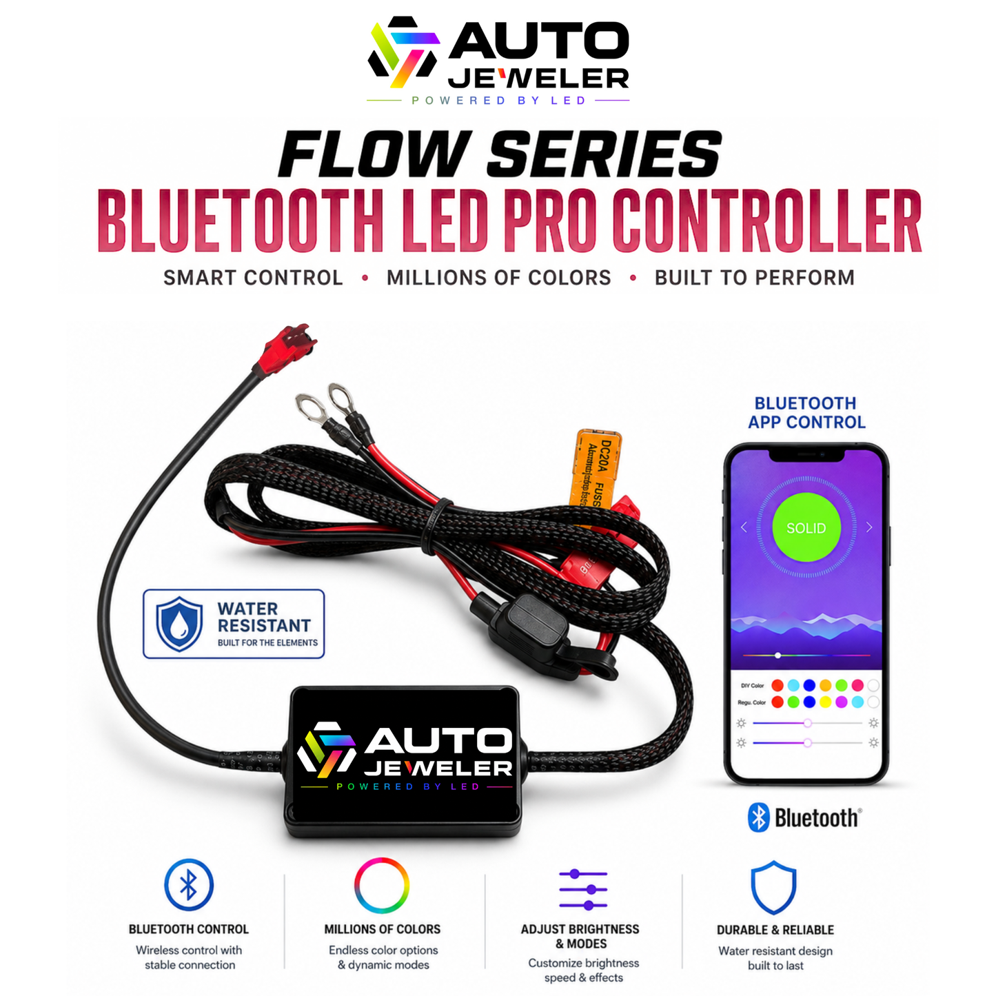 Auto Jeweler Flow Series Bluetooth LED Pro Controller shown with its black braided cable, red and black connectors, a small black branded controller box, a smartphone displaying the Bluetooth app, and feature callouts on a white background.