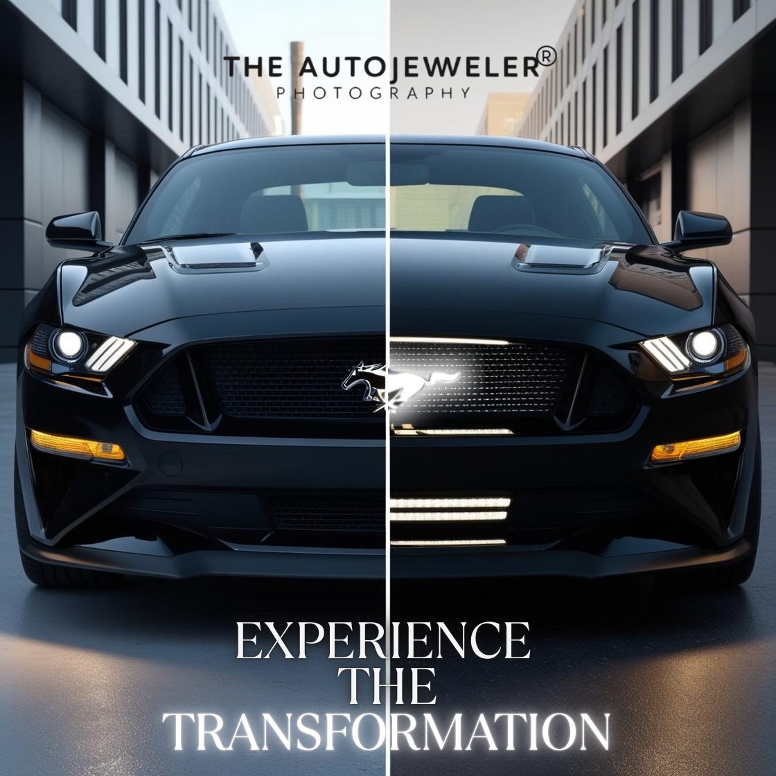 Black Mustang car front view with 'The Autojeweler' branding and text overlay.