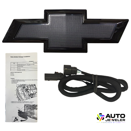 Chevrolet emblem, wiring harness, and installation manual on a white background with Auto Jeweler logo.