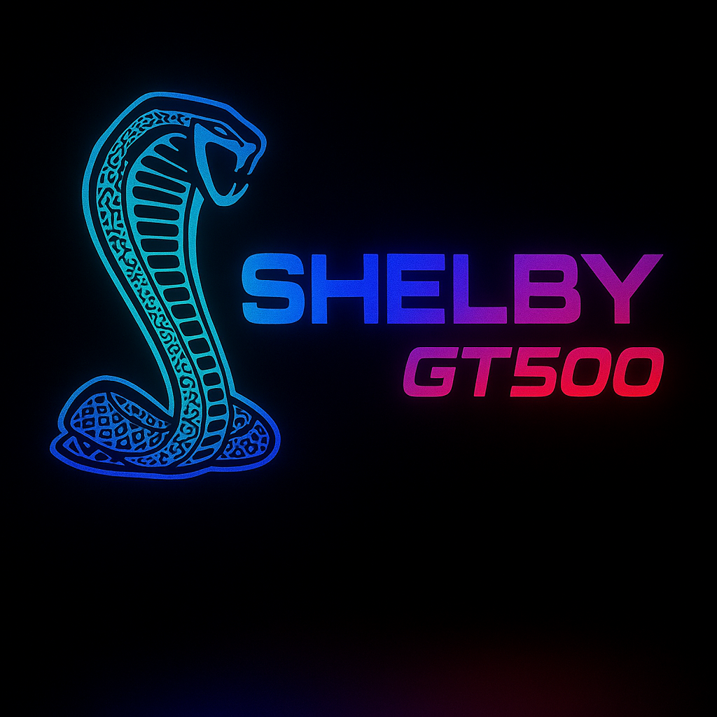 AutoJeweler custom Shelby GT500 logo with a cobra design illuminated in bright vivid colors.
