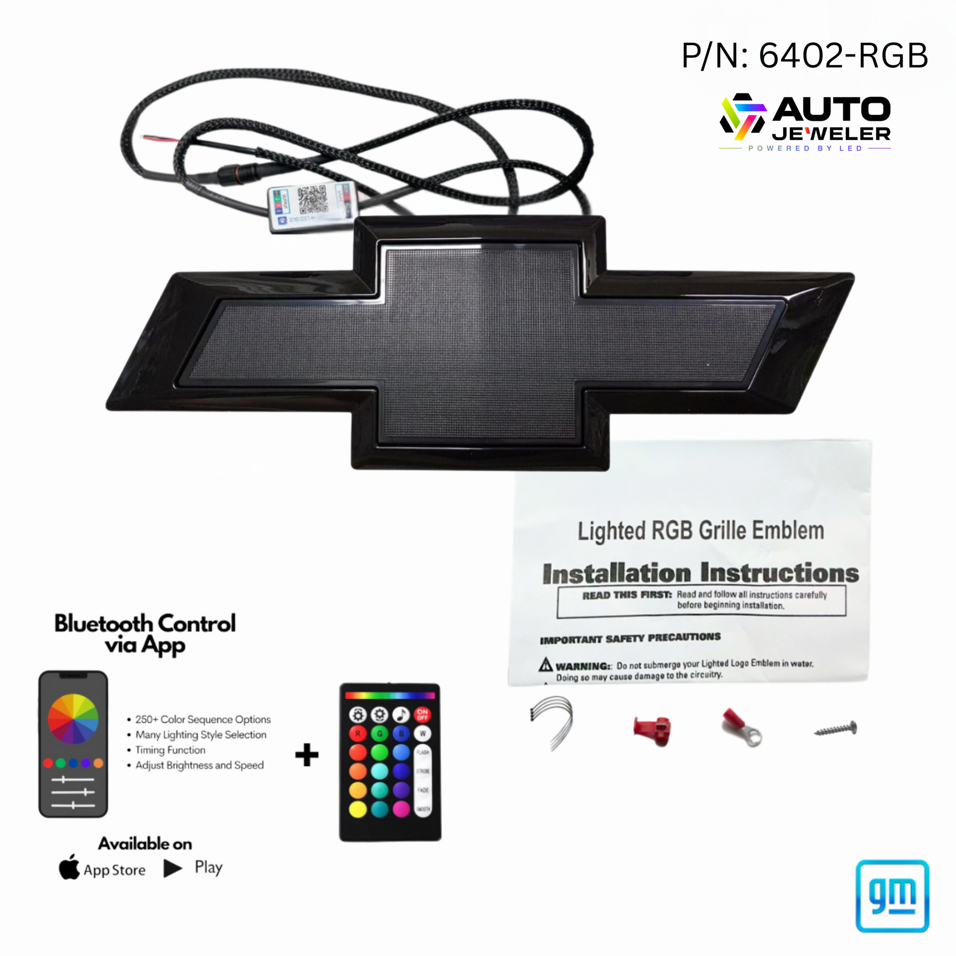 Chevrolet emblem light with Bluetooth control, installation instructions, and accessories on a white background.