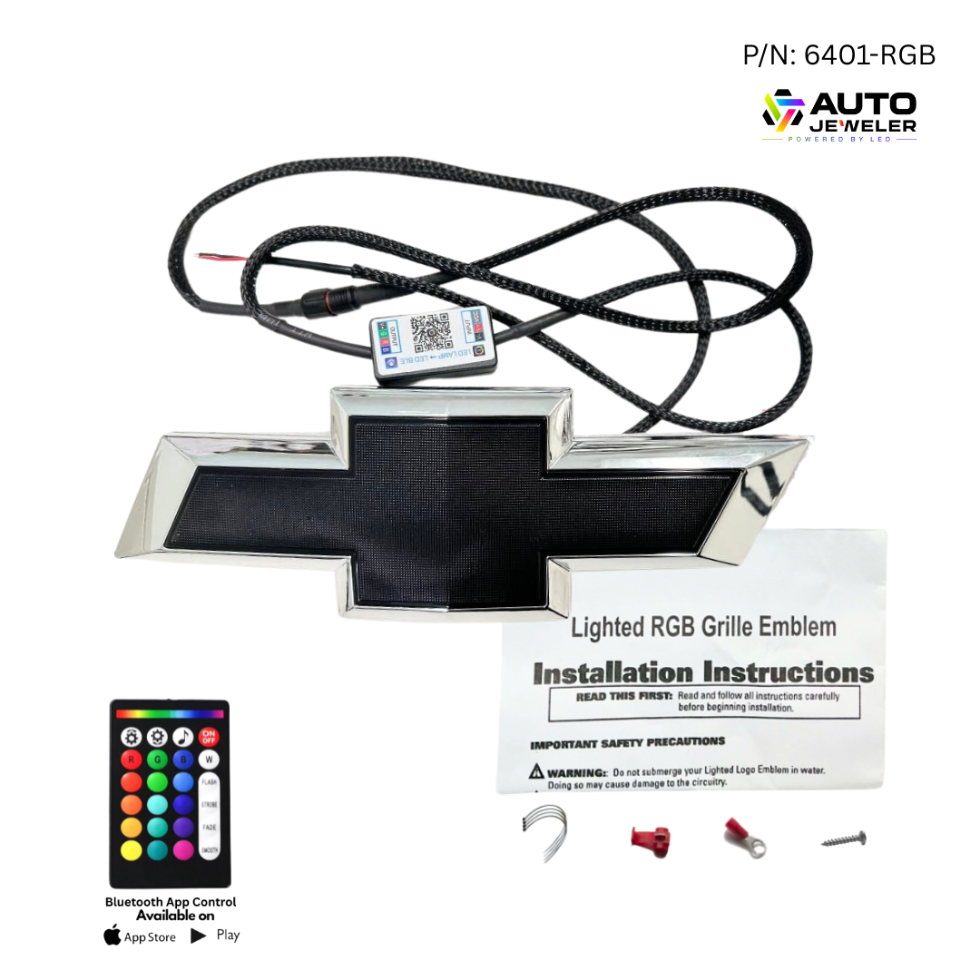 Lighted RGB grille emblem with installation instructions and remote control on a white background