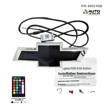 Lighted RGB grille emblem with installation instructions and remote control on a white background