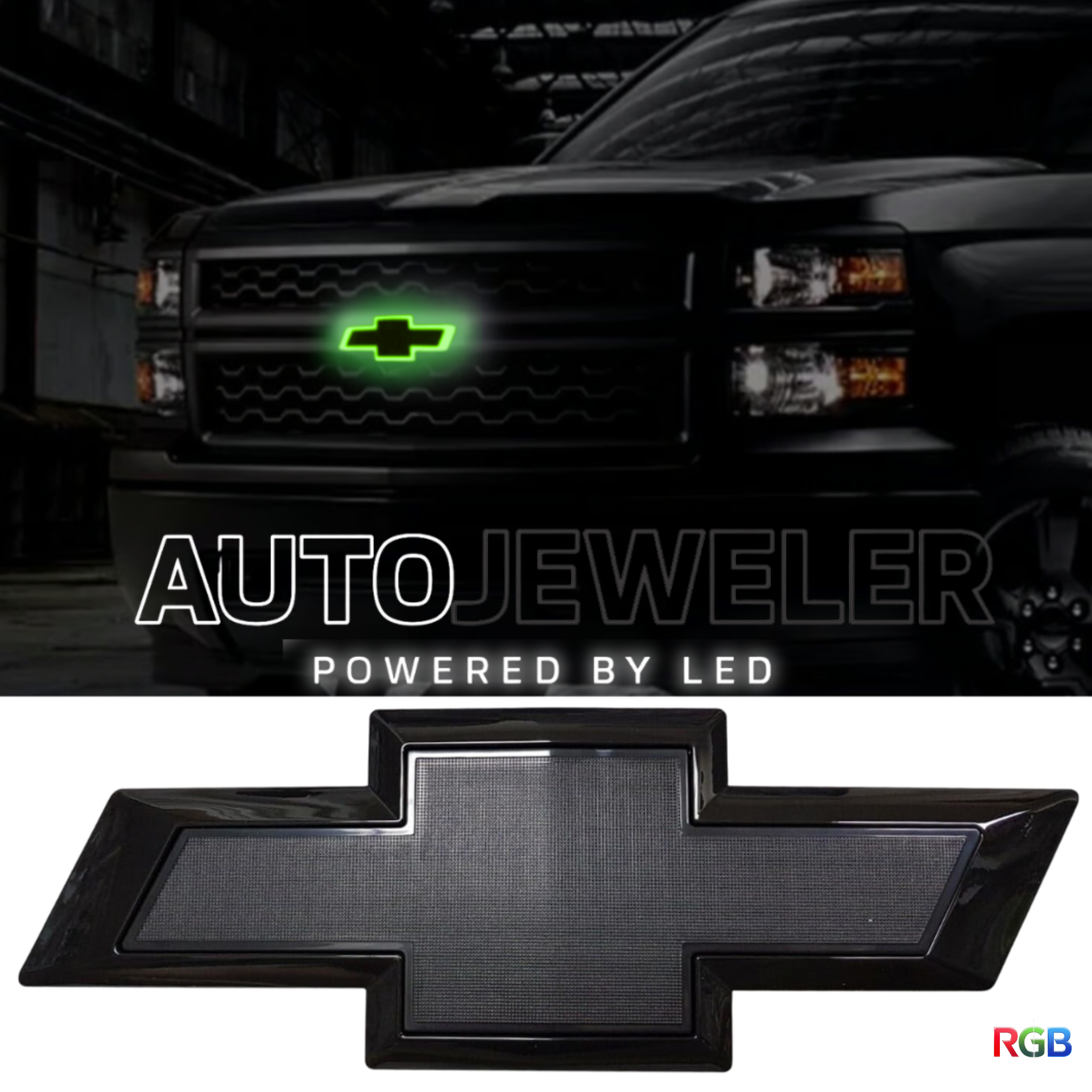 Black Chevy Silverado with green illuminated grille emblem in a dark garage, AutoJeweler logo and separate RGB LED emblem shown below.”

