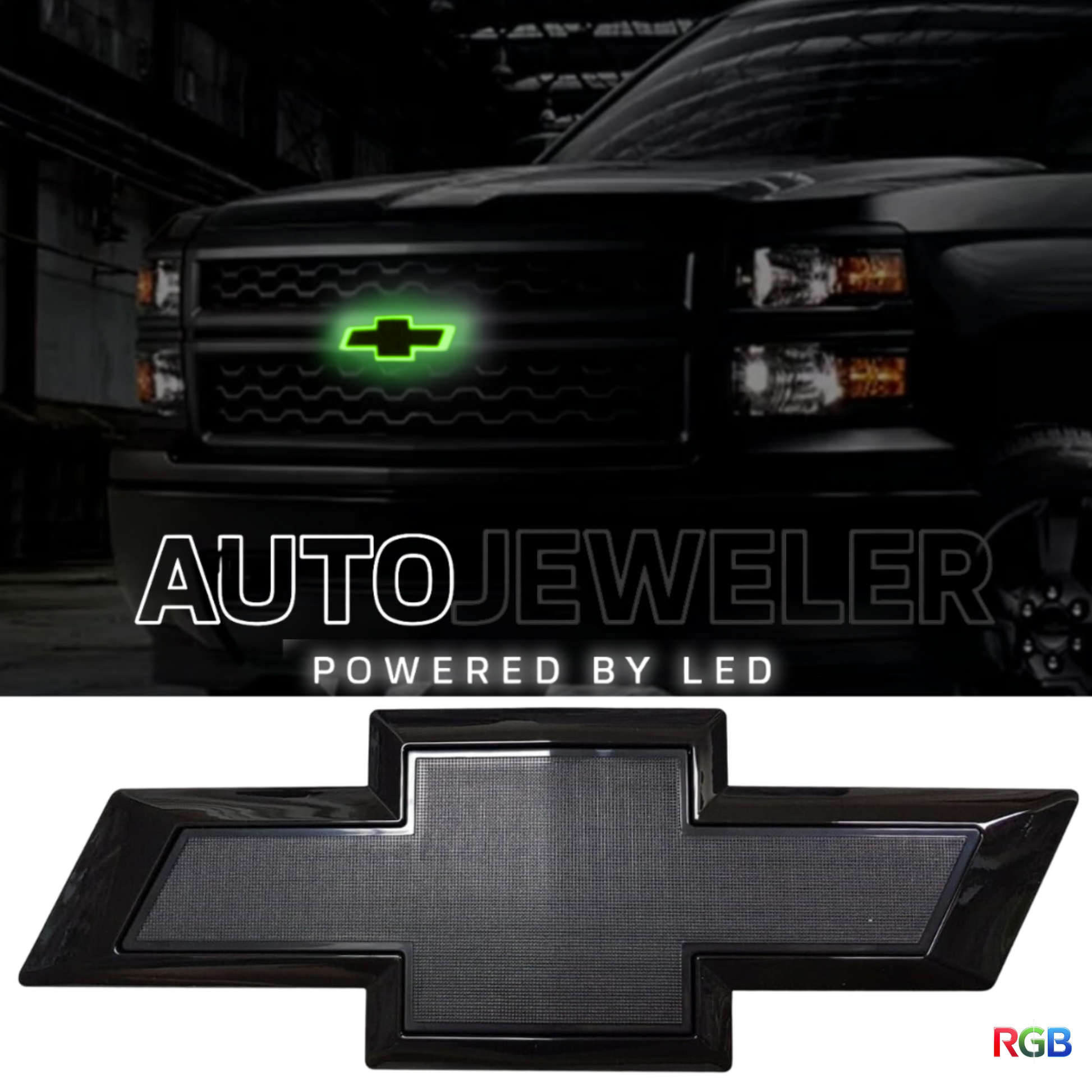 Black Chevy Silverado with green illuminated grille emblem in a dark garage, AutoJeweler logo and separate RGB LED emblem shown below.”

