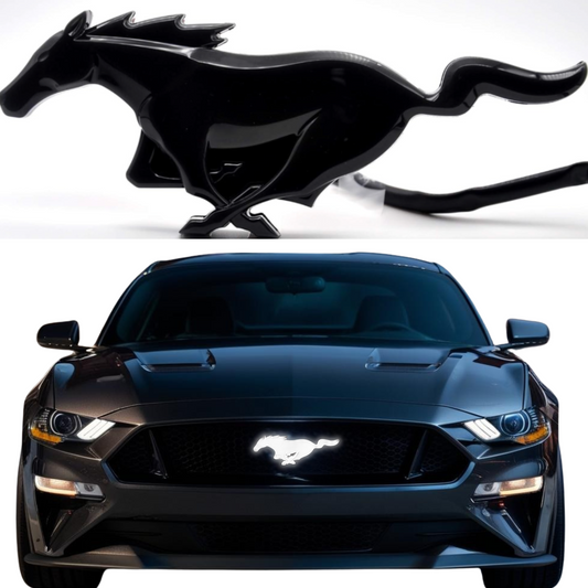2015-2024 Ford Mustang Black Pony Grille Emblem on a white background above a black Ford Mustang with an installed LED Mustang Pony Grille Emblem Glowing White