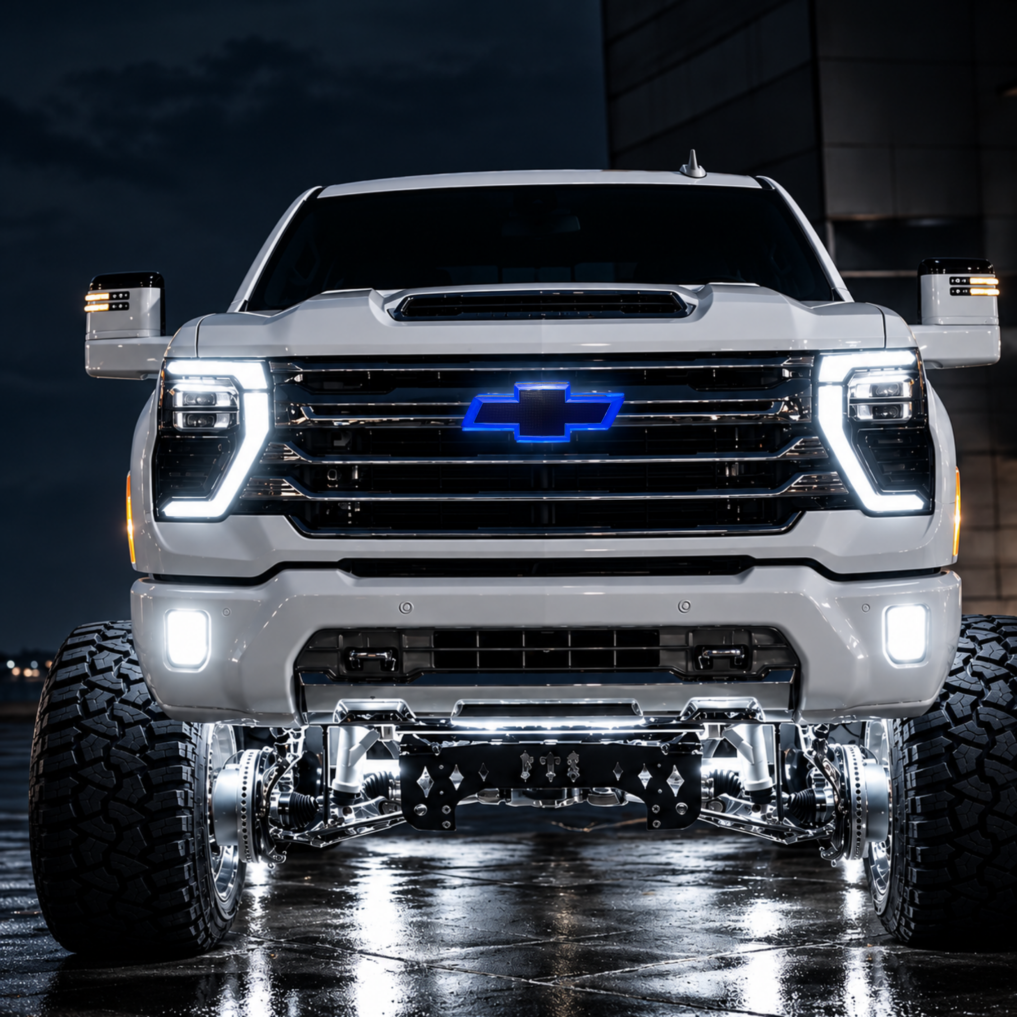 A white Chevrolet pickup truck photographed head-on at night on a wet street. The front grille has a glowing blue Chevrolet logo, and the vehicle is shown with large off-road tires, chrome suspension, and bright LED headlights.