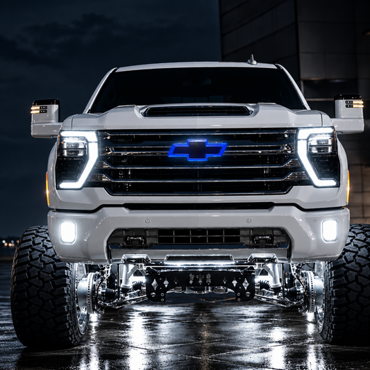 A white Chevrolet pickup truck photographed head-on at night on a wet street. The front grille has a glowing blue Chevrolet logo, and the vehicle is shown with large off-road tires, chrome suspension, and bright LED headlights.