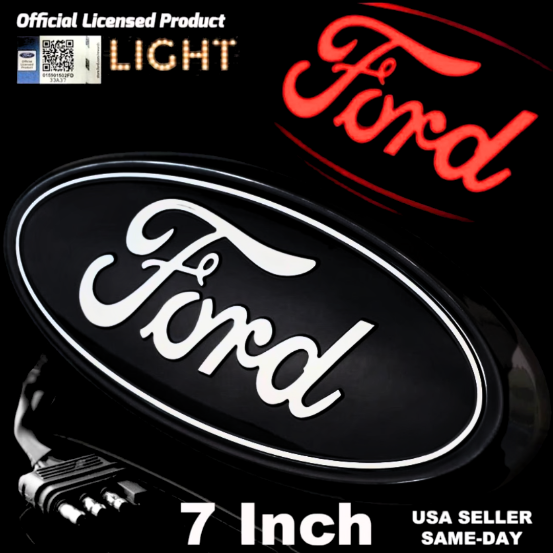 AutoJeweler Ford 7" LED Tailgate Emblem – Black/Chrome, Dual-Intensity Red