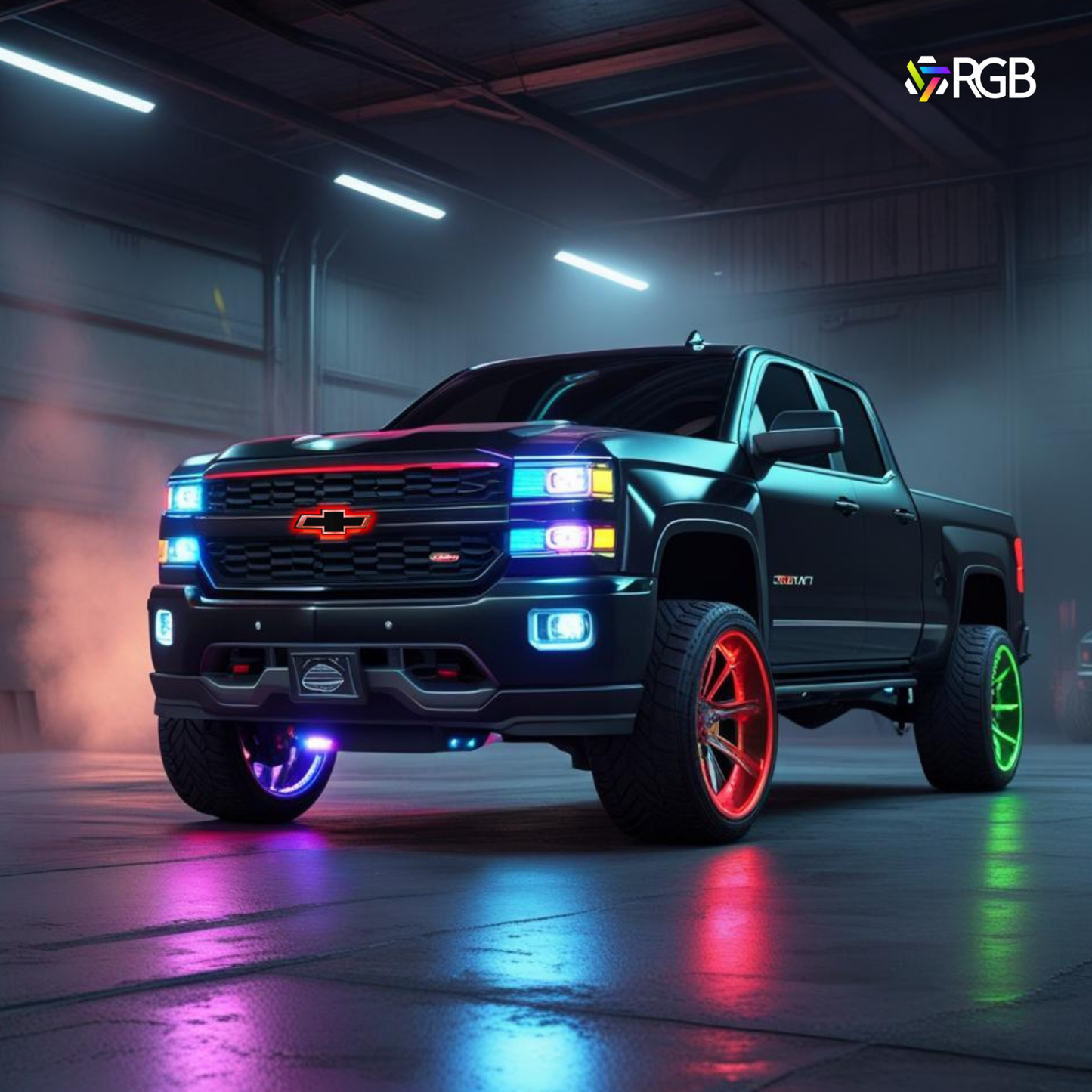 Black 2015 Chevy Silverado with black LED bowtie grille emblem, red glow mode, RGB custom lighting, and AutoJeweler branding 