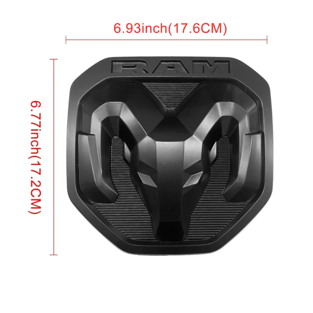 Dimensions diagram for RAM Black Edition tailgate emblem, 6.93 x 6.77 inches (17.6 x 17.2 cm)