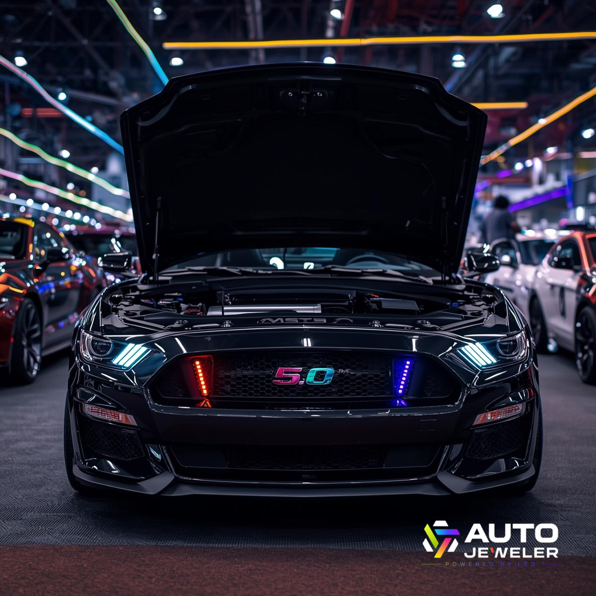 Black mustang GT 5.0 with open hood in a garage setting, featuring the Auto Jeveler logo.