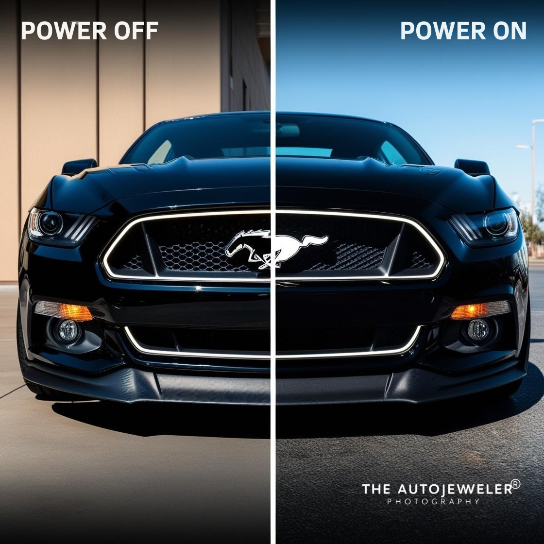 Comparison of OEM Mustang grille vs upgraded AutoJeweler Pony LED emblem
