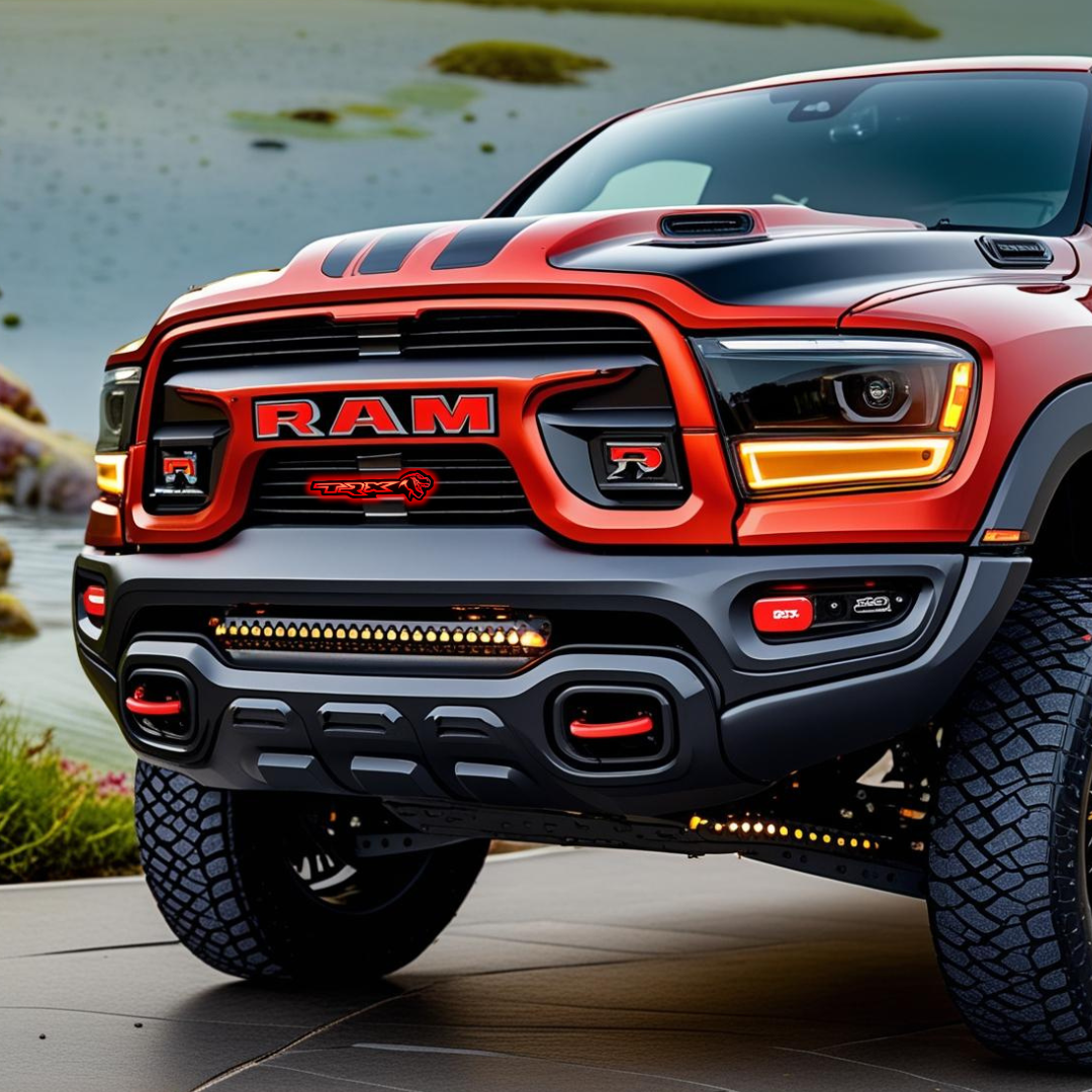 Red RAM TRX truck with red illuminated front grille emblem, off-road tires, and aggressive LED lighting, AutoJeweler brand, scenic outdoor background.
