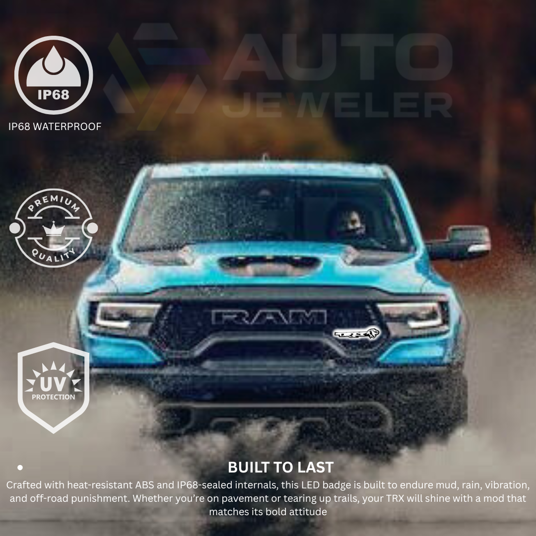 Blue RAM TRX truck splashing through water with IP68 waterproof badge and UV protection icons, AutoJeweler branding, built-to-last durability graphic.
