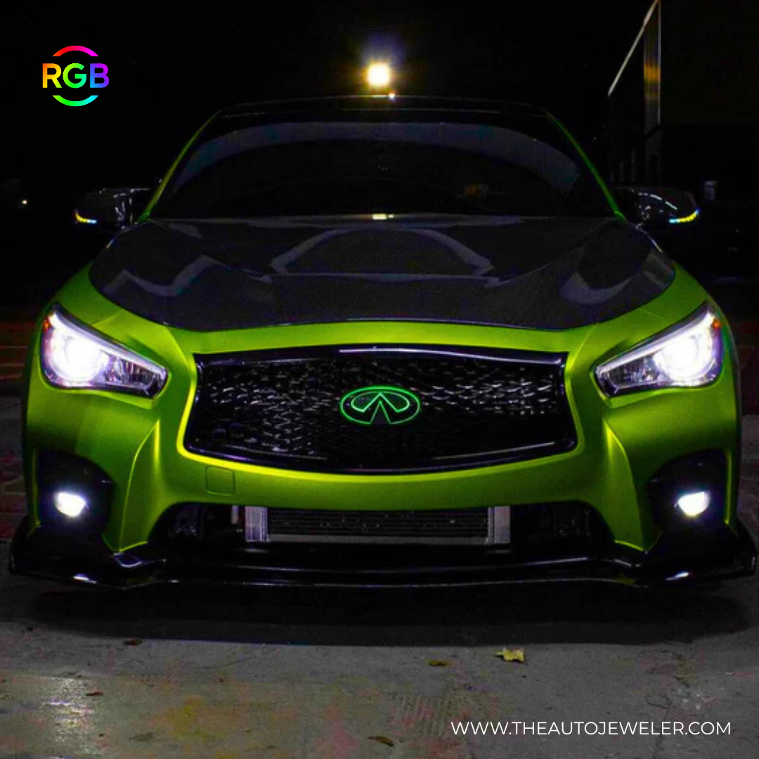 2018–2024 Infiniti Q50 Color-Changing RGB LED Front Grille Emblem – Chrome/Black | App-Controlled