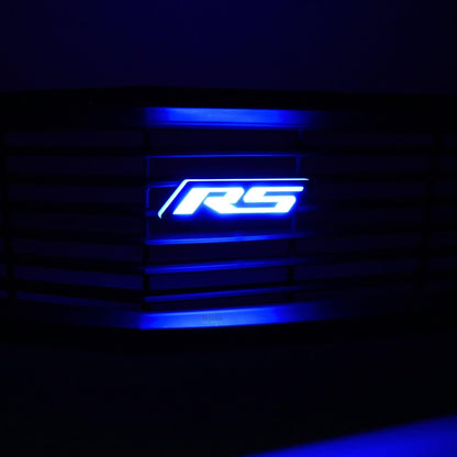 RS Flow Series LED emblem glowing blue mounted in vehicle grille