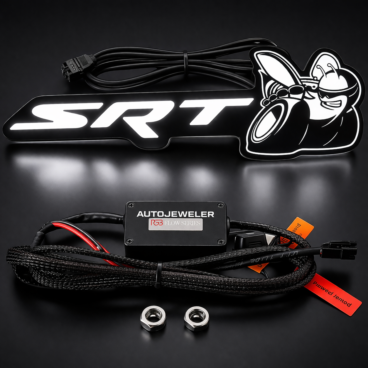 AutoJeweler SRT LED badge Flow Series RGB emblem with wiring harness and controller kit on black background