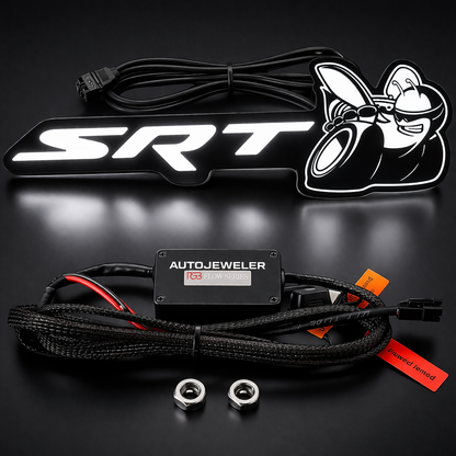 AutoJeweler SRT LED badge Flow Series RGB emblem with wiring harness and controller kit on black background