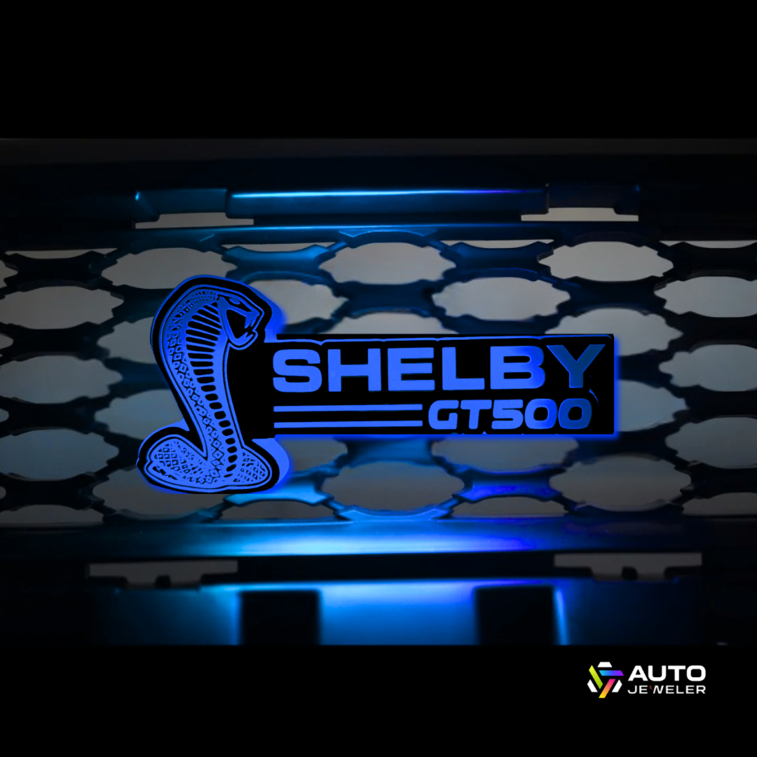 Mustang Shelby GT500 RGB Flow Series Grille Emblem illuminated in blue
