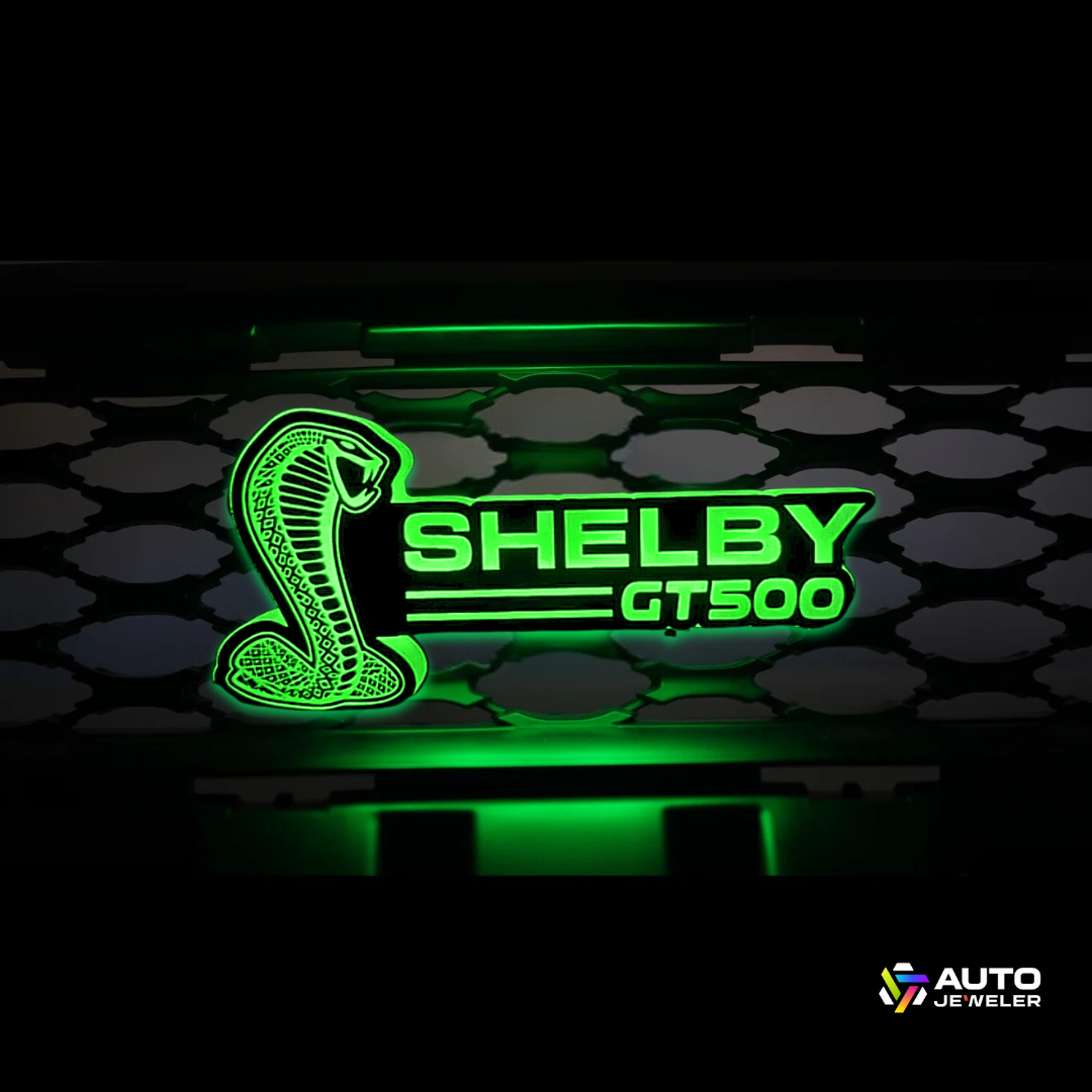 Mustang Shelby GT500 RGB Flow Series Grille Emblem illuminated in green