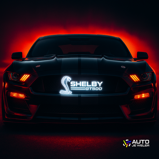 Mustang Shelby GT500 RGB Flow Series Grille Emblem installed glowing bright white at night