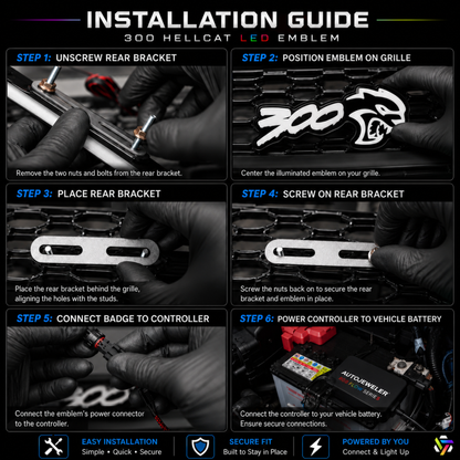Installation guide for a 300 Hellcat LED emblem with step-by-step instructions.