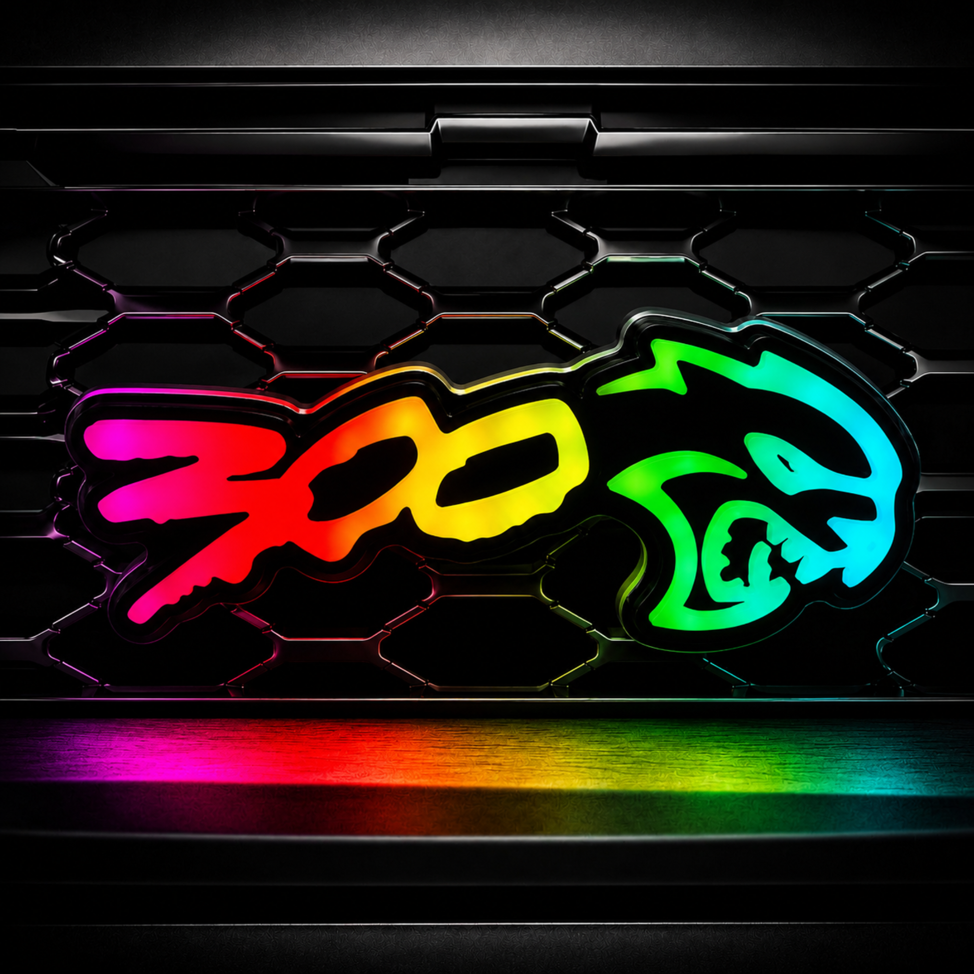 Chrysler 300 Hellcat V2 Style RGB Flow Series LED grille emblem glowing in rainbow flow mode on a black mesh grille.