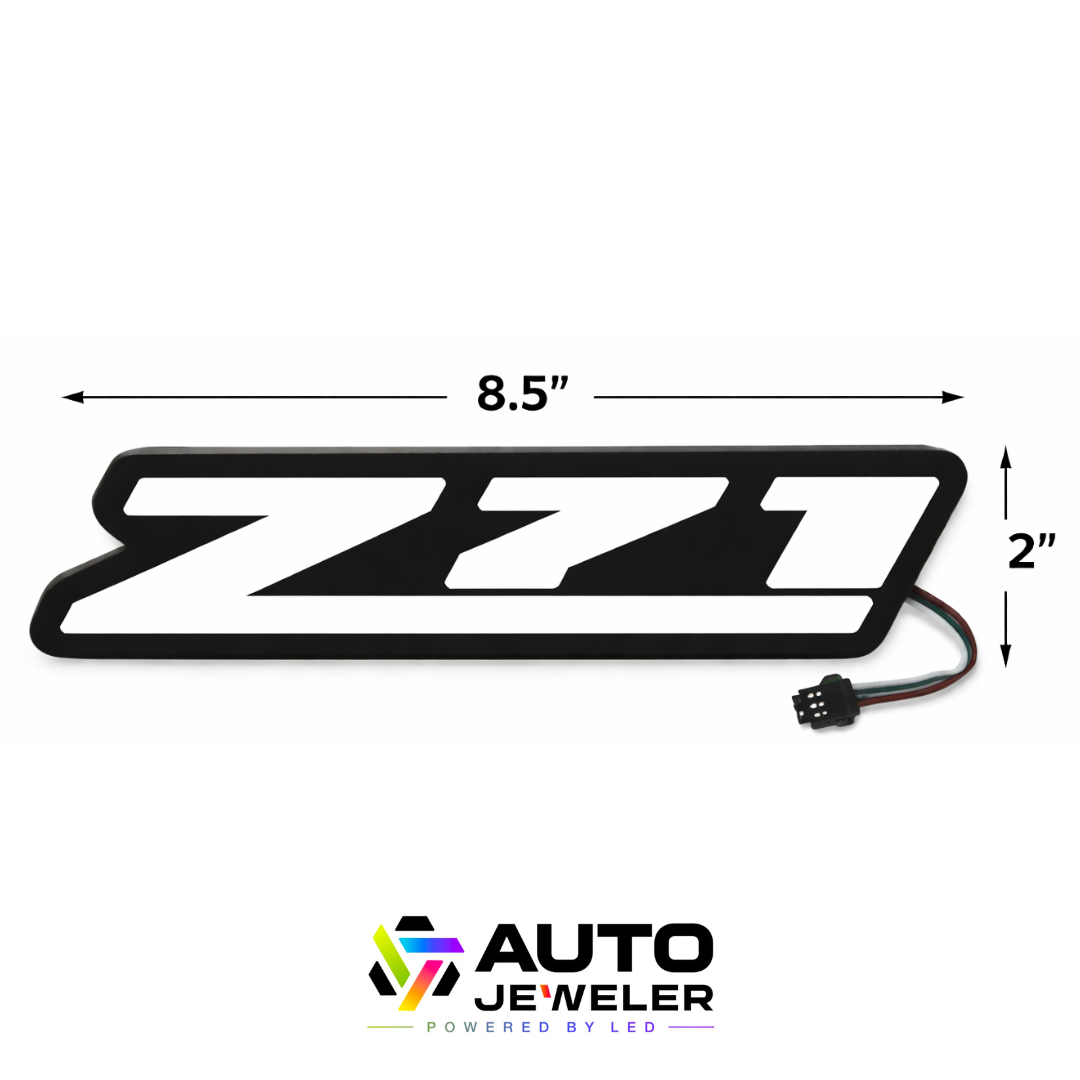 Dimensions of Chevy Z71 LED grille badge showing 8.5 inch width and 2 inch height