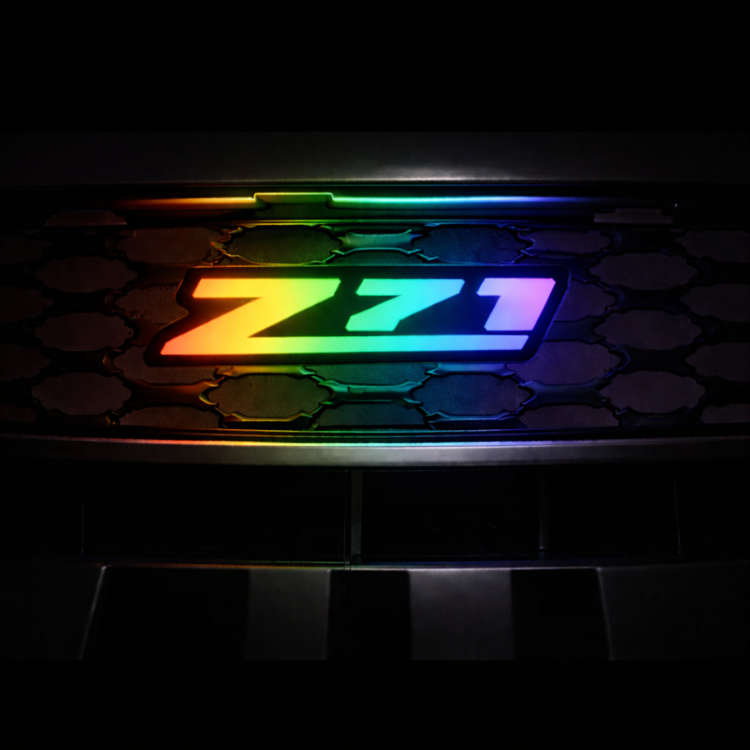 Close-up of Chevy Z71 RGB Flow Series LED grille badge with smooth rainbow color flow
