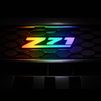 Close-up of Chevy Z71 RGB Flow Series LED grille badge with smooth rainbow color flow