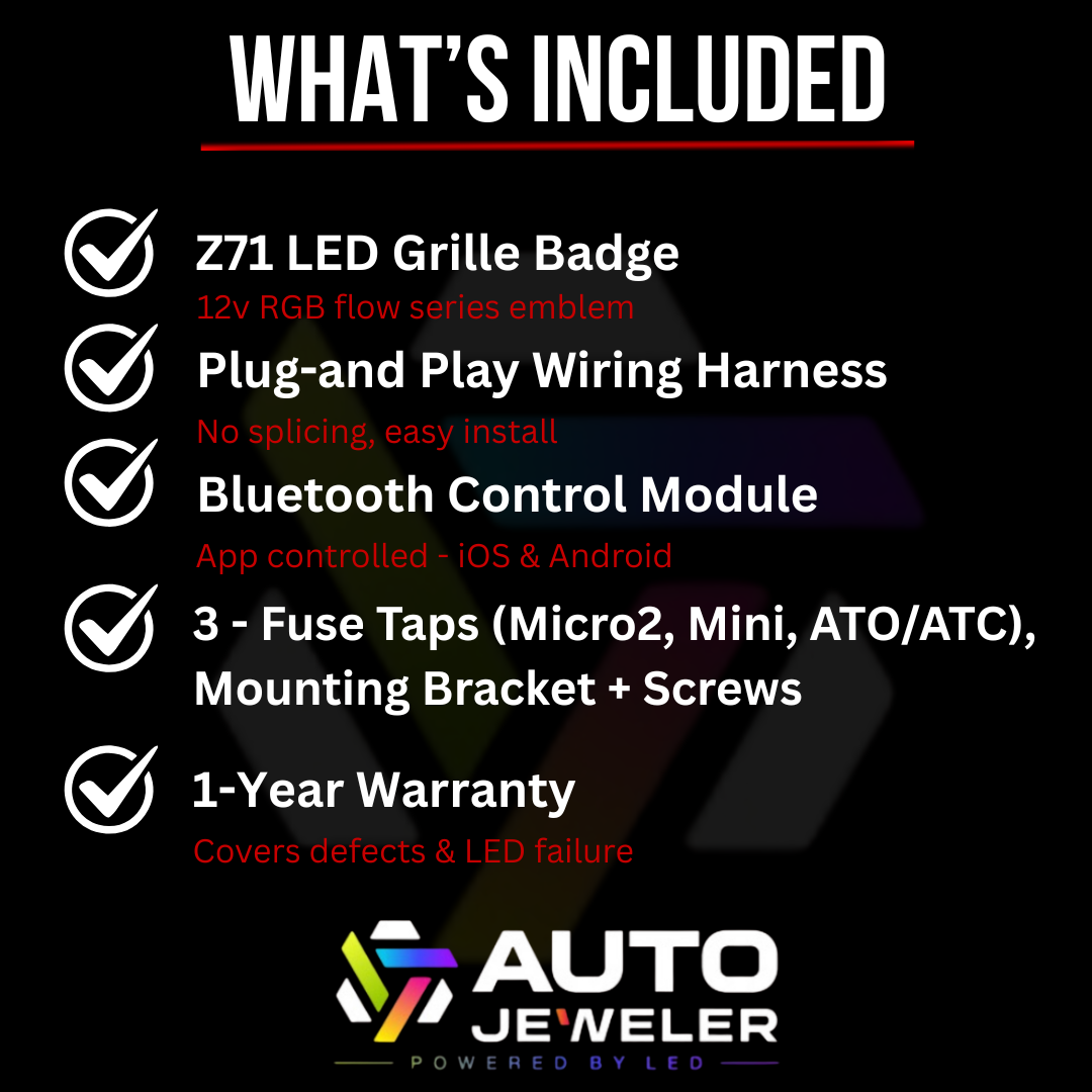 What is included with the Chevy Z71 RGB LED grille badge kit including wiring harness, Bluetooth controller, fuse taps, mounting hardware, and warranty