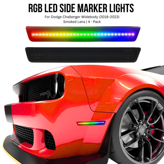 RGB side marker lights installed on 2018–2023 Dodge Challenger Widebody, smoked lens 4-pack