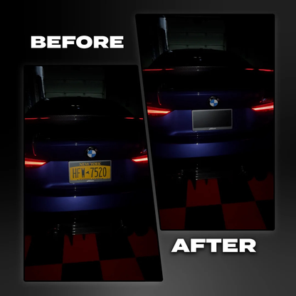 Before and after showing license plate visible versus blacked out using the FantomTec privacy plate on a BMW