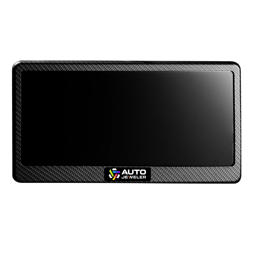 Front view of FantomTec blackout license plate cover with carbon fiber frame and remote smart glass.
