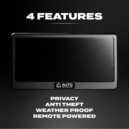 FantomTec blackout plate feature graphic: privacy, anti-theft, weatherproof, remote powered.