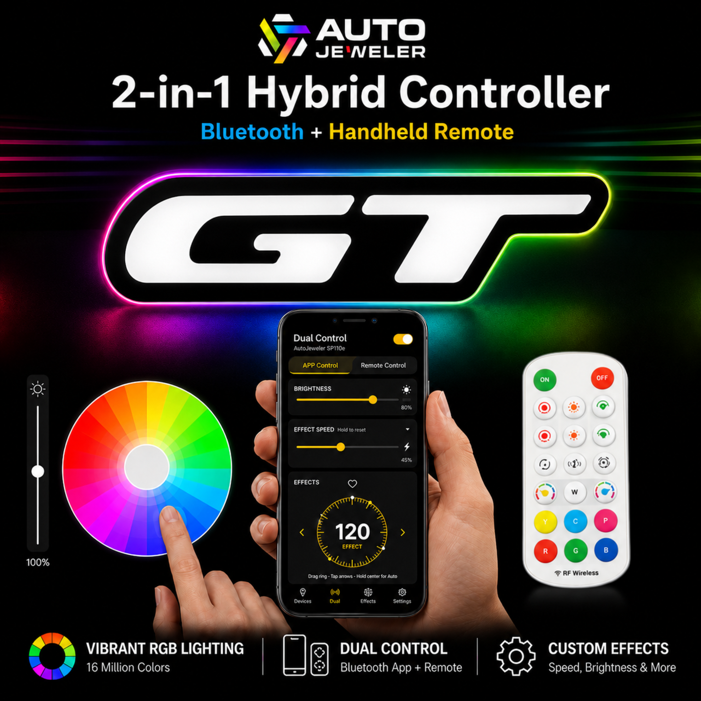 AutoJeweler GT RGB Flow Series hybrid controller graphic showing Bluetooth app control handheld remote and customizable RGB lighting modes.