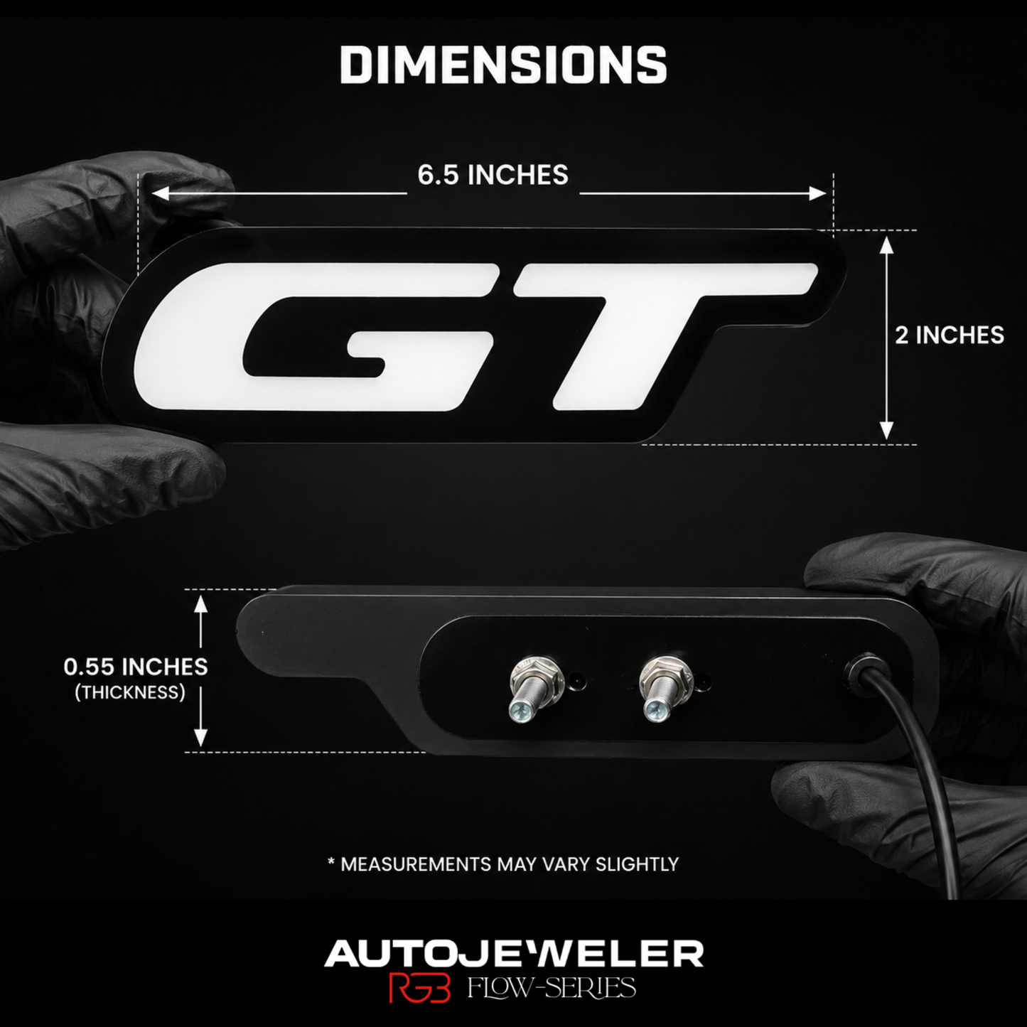 Flow Series GT LED Badge dimensions showing width, height and thickness measurements with AutoJeweler's RGB Flow Series Logo.