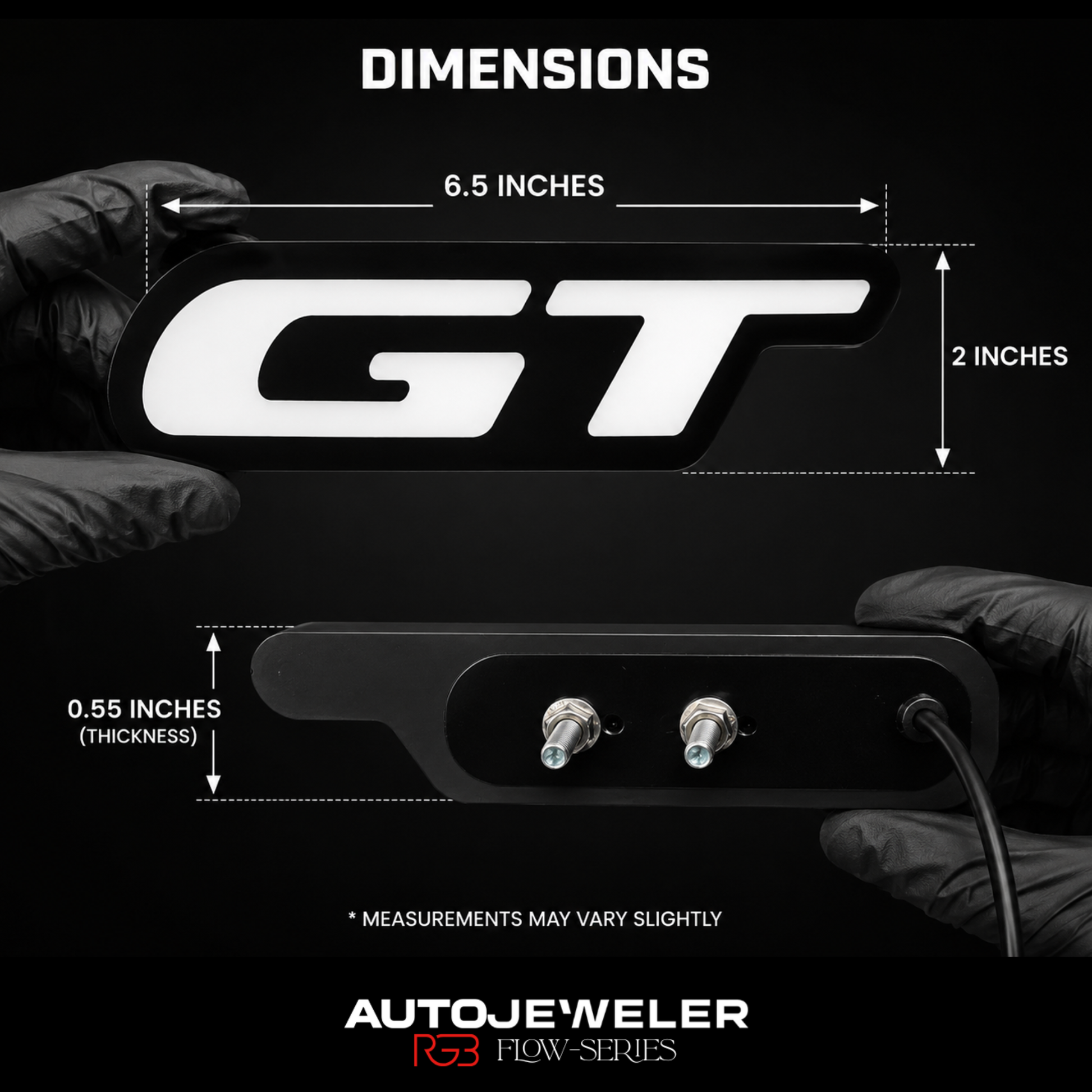 Flow Series GT LED Badge dimensions showing width, height and thickness measurements with AutoJeweler's RGB Flow Series Logo.