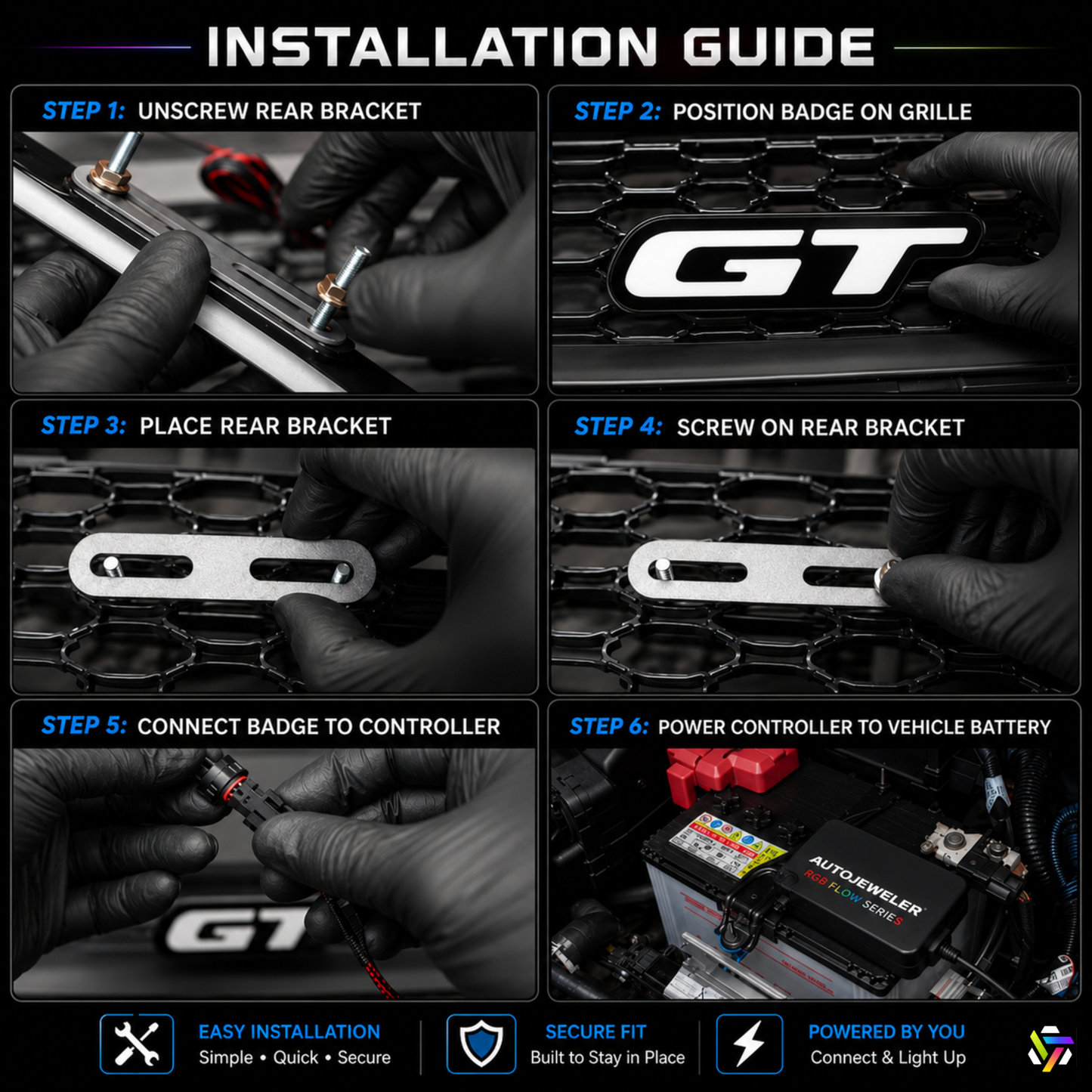 AutoJeweler Installation guide for a Flow Series LED GT badge on a vehicle grille with step-by-step instructions.