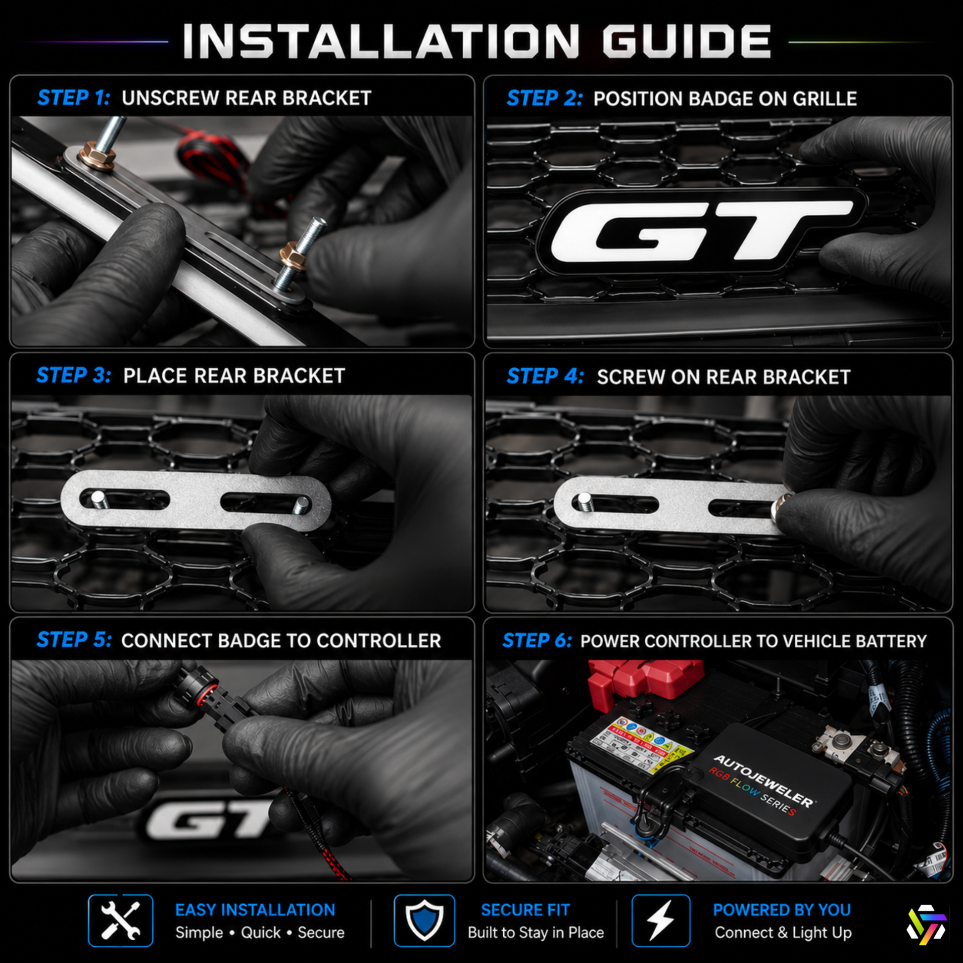 AutoJeweler Installation guide for a Flow Series LED GT badge on a vehicle grille with step-by-step instructions.