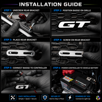 AutoJeweler Installation guide for a Flow Series LED GT badge on a vehicle grille with step-by-step instructions.