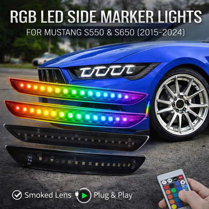 RGB LED side marker lights for Ford Mustang S550 & S650 (2015–2024) with smoked lens, plug-and-play fitment, and remote control