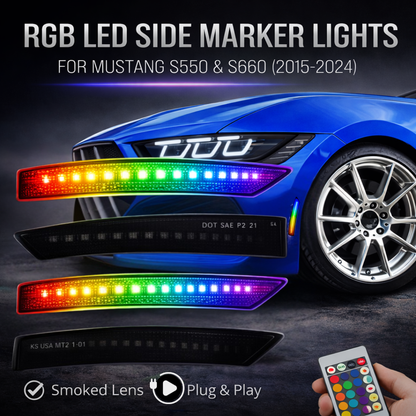 RGB LED side marker lights for Ford Mustang S550 & S650 (2015–2024) with smoked lens, plug-and-play fitment, and remote control