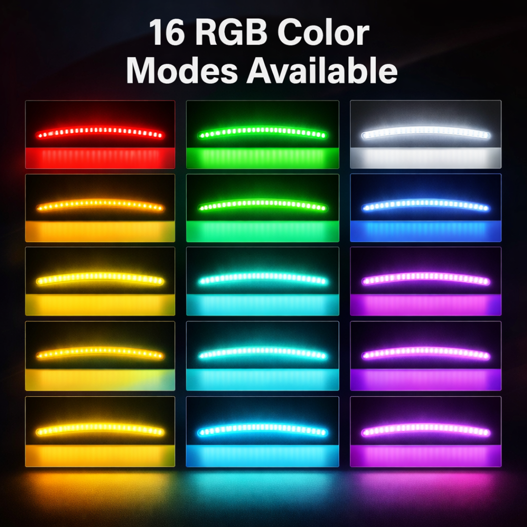 Color chart showing 16 RGB color options for side marker lights including red green blue cyan purple and amber